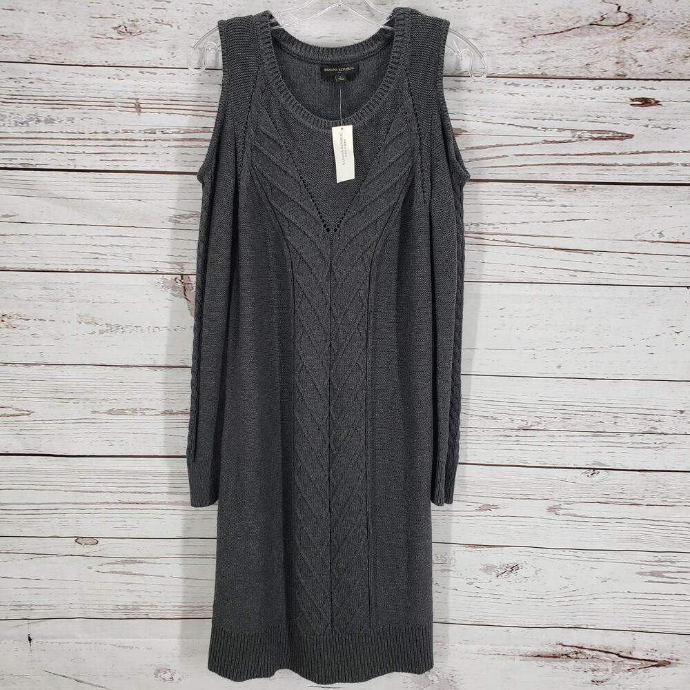 Banana Republic New Gray Cable Knit Cold Shoulder Sweater Dress Size Large
